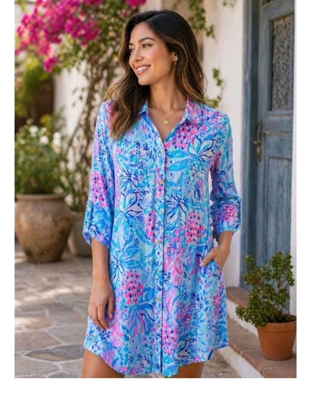 Lilly Pulitzer Natalie tunic size L swim coverup shirt dress blue pineapple - Picture 6 of 6